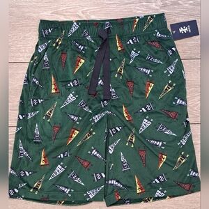 New IZOD Men's Green Silky Fleece Sleep Shorts With IZOD Flag Pattern. Cozy Warm